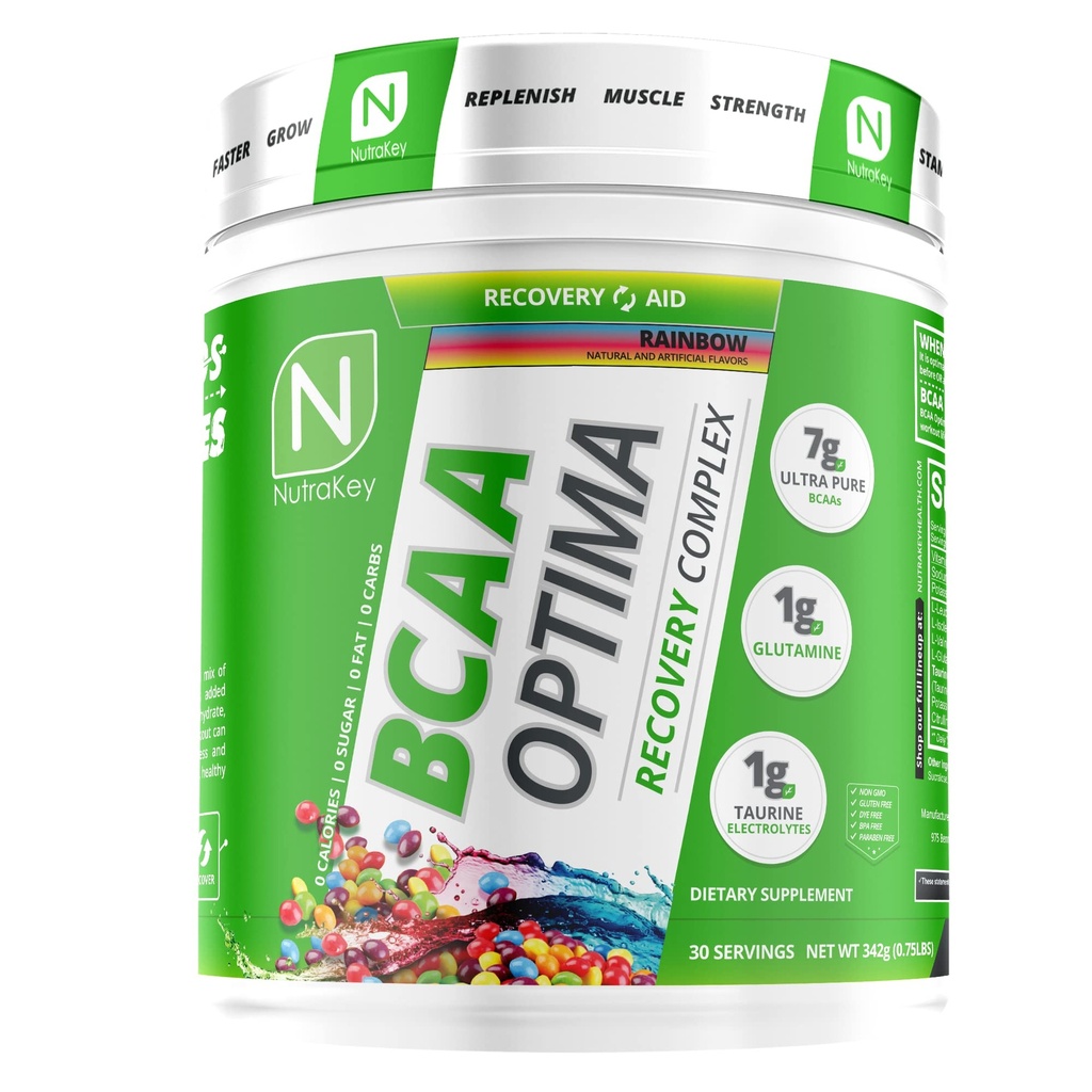 NutraKey BCAA Optima 포스트 운동 회복 단지, 설탕 없음, 캐비티 없음, 회복 원조, 무지개