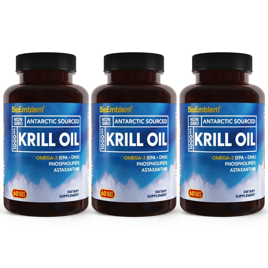BioEmblem 3 팩 Antarctic Krill 오일 1000mg Softgels, EPA + DHA, Astaxanthin 및 Phospholipids, 지원 뇌 건강, 180-Count Non-GMO, 글루텐 무료, 90 일 공급