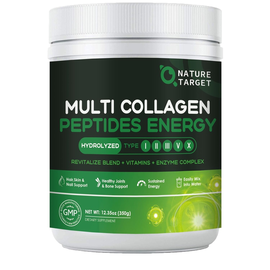 NATURE TARGET Multi-Collagen-Peptides-Powder - Energy Blend + Multivitamin & Minerals를 가진 가수분해한 교원질은, 에너지 피부 머리 못 & 합동, 비 GMO, 35의 서빙을 지원합니다