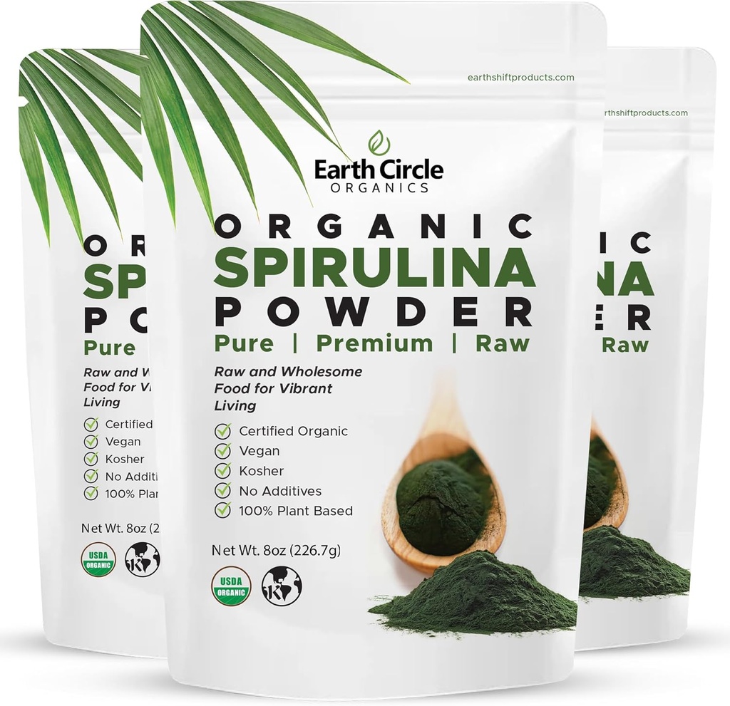 Earth Circle Organics Spirulina Powder, Kosher, Raw 및 Non-Irradiated | Pure Vegan Protein | 프리미엄 에너지 슈퍼푸드, 고아미노산 및 산화제 - (8oz - 3 Pack)