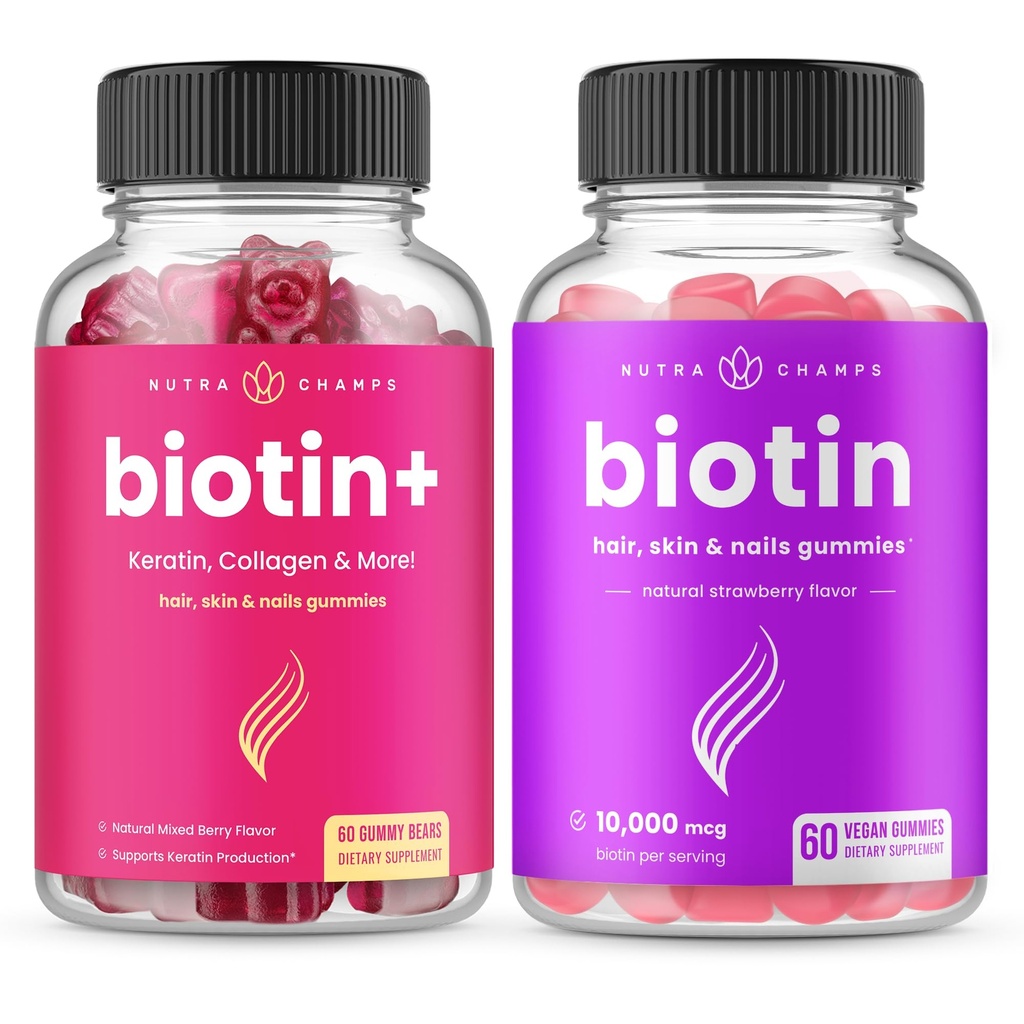 NutraChamps Biotin+ & 바이오틴. 머리, 피부 및 손톱을위한 완벽한 듀오.