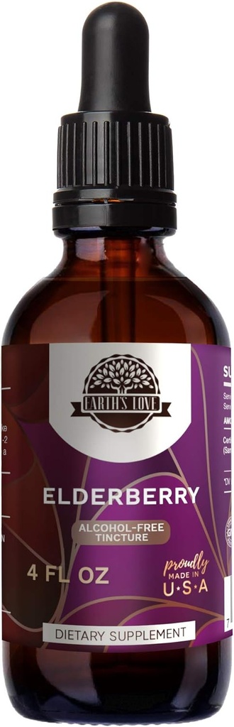 지구의 사랑 - Elderberry 알코올 무료 초본 추출물 Tincture, 슈퍼 농축 Elderberry (Sambucus Nigra) 말린 Berry (4 Fl Oz)