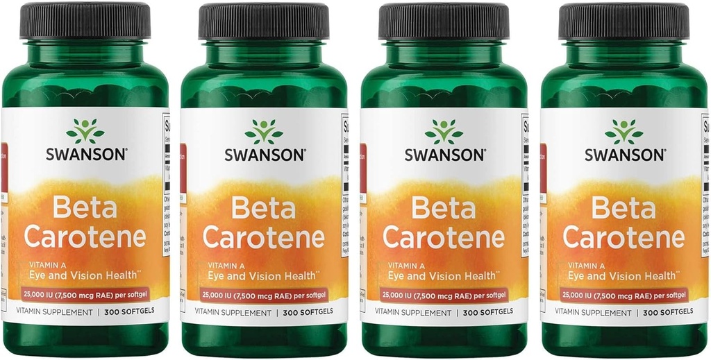 Swanson 베타 카로틴 비타민 A 25000 IU Softgels - 피부, 눈 및 면역 체계 건강 - 산화 방지제 지원 - 7500 mcg (300 Softgels) (4 팩)