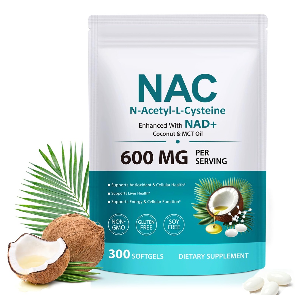NAC Supplement 600mg, 300 Softgels NAC with NAD+ & MCT Oil N-Acetyl Cysteine Supplement with Coconut Oil, for Antioxidant Support, Non-GMO, Gluten Free