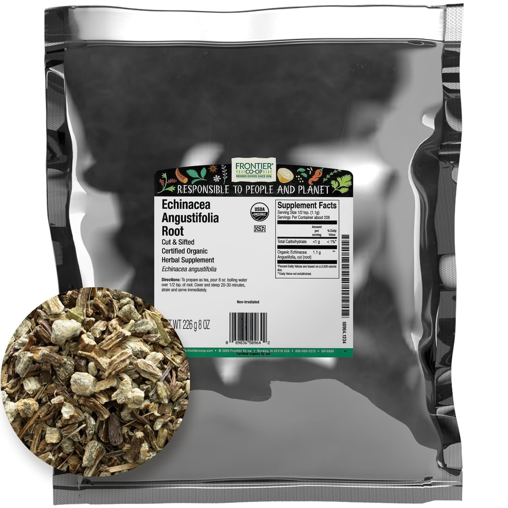 Frontier Co-op는 Echinacea Angustifolia 뿌리, 커트 및 Sifted, 8oz의 증명한 유기 Echinacea 뿌리를 말렸습니다 - 차와 초본 Remedies, Kosher를 위한 이상
