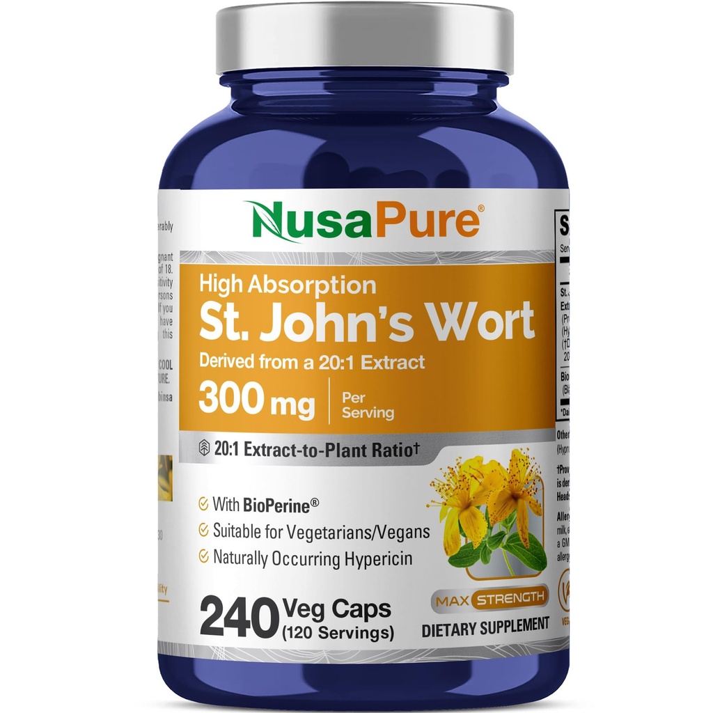 NusaPure St. John 's Wort 20 : 1 추출물, 6,000mg 240 Veggie 캡슐 (Vegetarian, Non-GMO) Bioperine과 동등한 300 mg