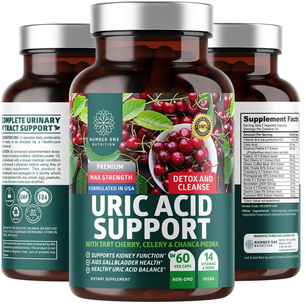 N1N 프리미엄 Uric 산 지원 보충교재 [14X 유력한 허브] Tart Cherry, 우유 이틀, 크랜베리, Celery, Chanca Piedra, 60 Veg 모자를 가진 모든 자연적인 Kidney와 우랄 산 Cleanse