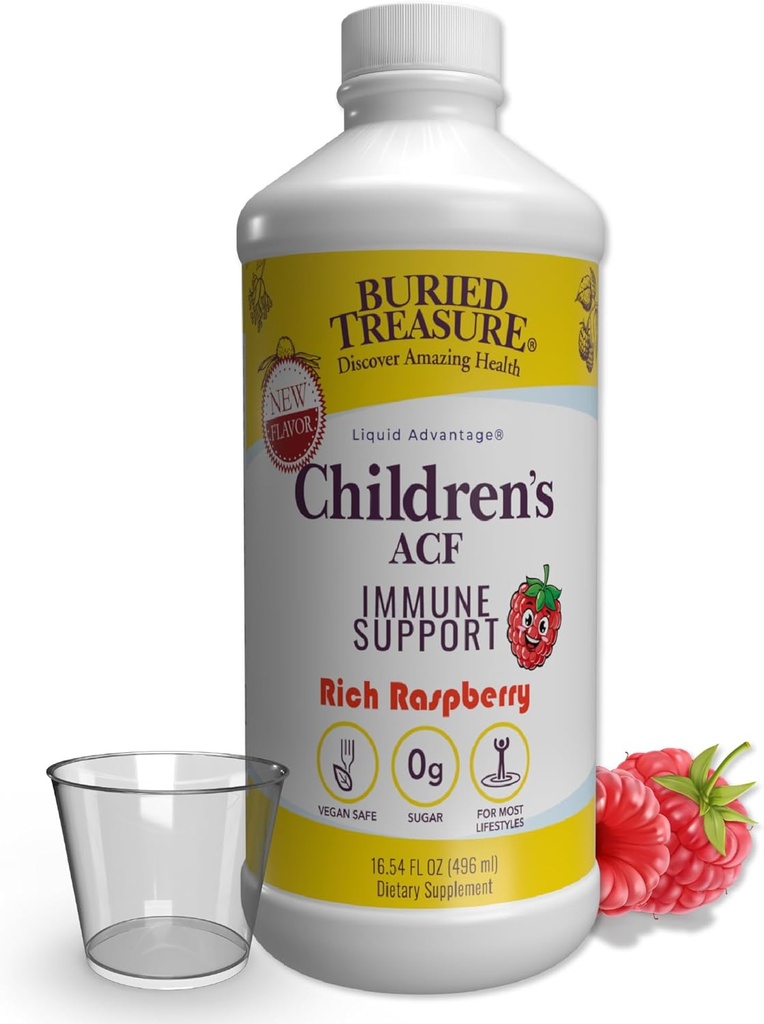 Buried 보물 아이들 ACF 고급 면역 지원, 체리 맛, 16oz w/Dose 컵, 아이를 위한 면역 부스터 보충교재, 액체 초본 면역성 공식 w/Vitamin C Elderberry Enchinacea 아연