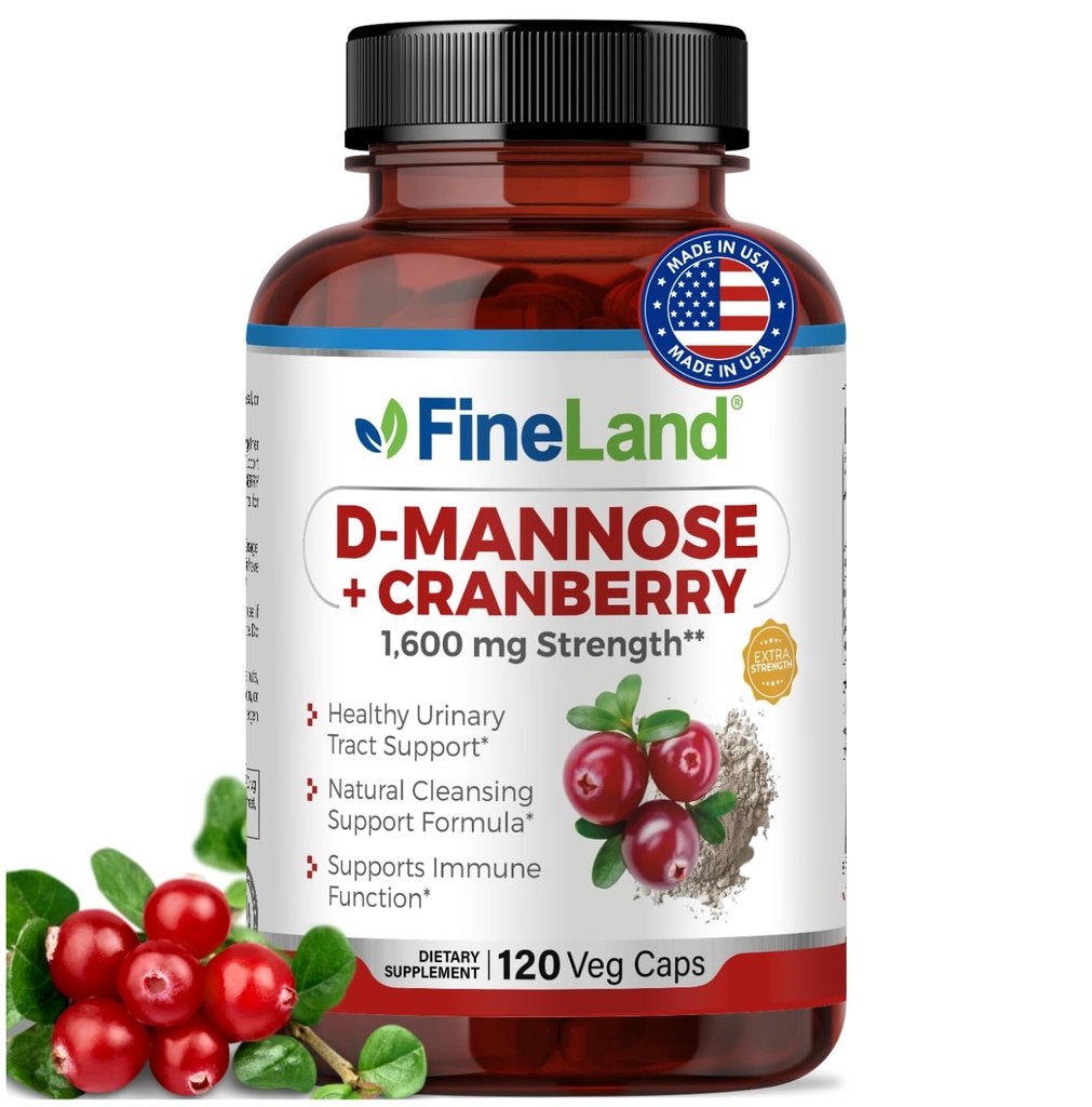 FineLand D-Mannose + Cranberry – 서빙 당 1600mg – 120 Vegan 캡슐 – Urinary Tract & Bladder Health Support – Non-GMO, 글루텐 프리, 미국