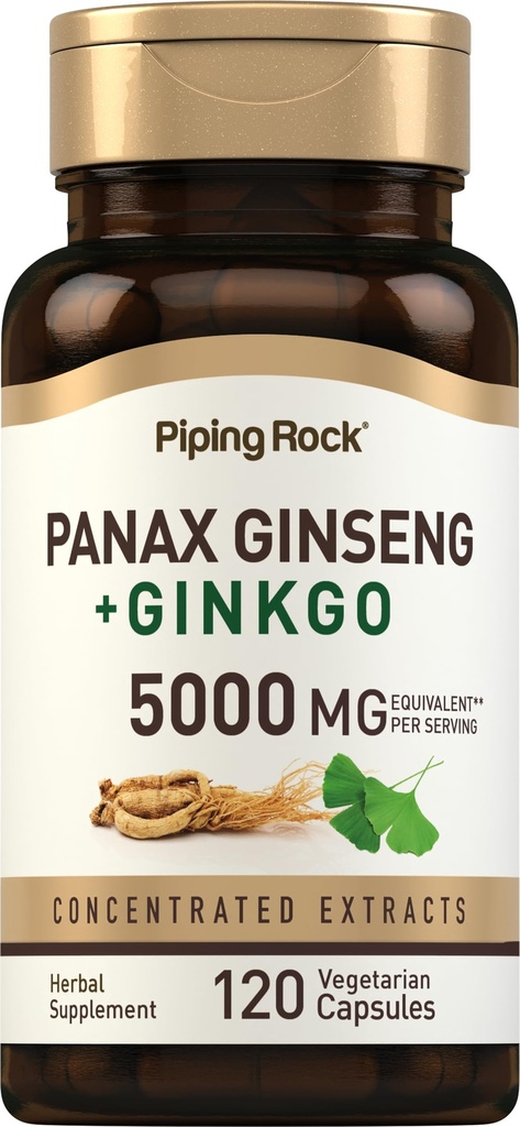 배관 바위 Panax 인삼 및 은행나무 Biloba 보충 | 5000 mg | 120 캡슐 | 흑퍼 추출물 | 채식주의, 비 GMO 및 글루텐 무료 보충
