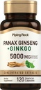 배관 바위 Panax 인삼 및 은행나무 Biloba 보충 | 5000 mg | 120 캡슐 | 흑퍼 추출물 | 채식주의, 비 GMO 및 글루텐 무료 보충