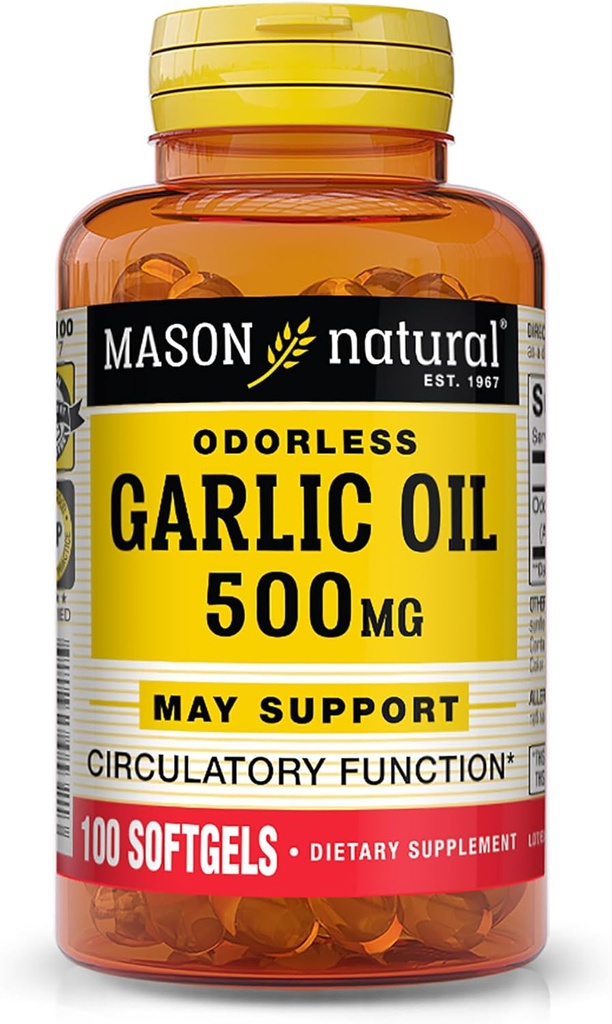 MASON NATURAL 마늘 기름 500 mg 무취 Allium Sativum 보충교재 - 건강한 Circulatory 기능, 100 Softgels를 지원합니다