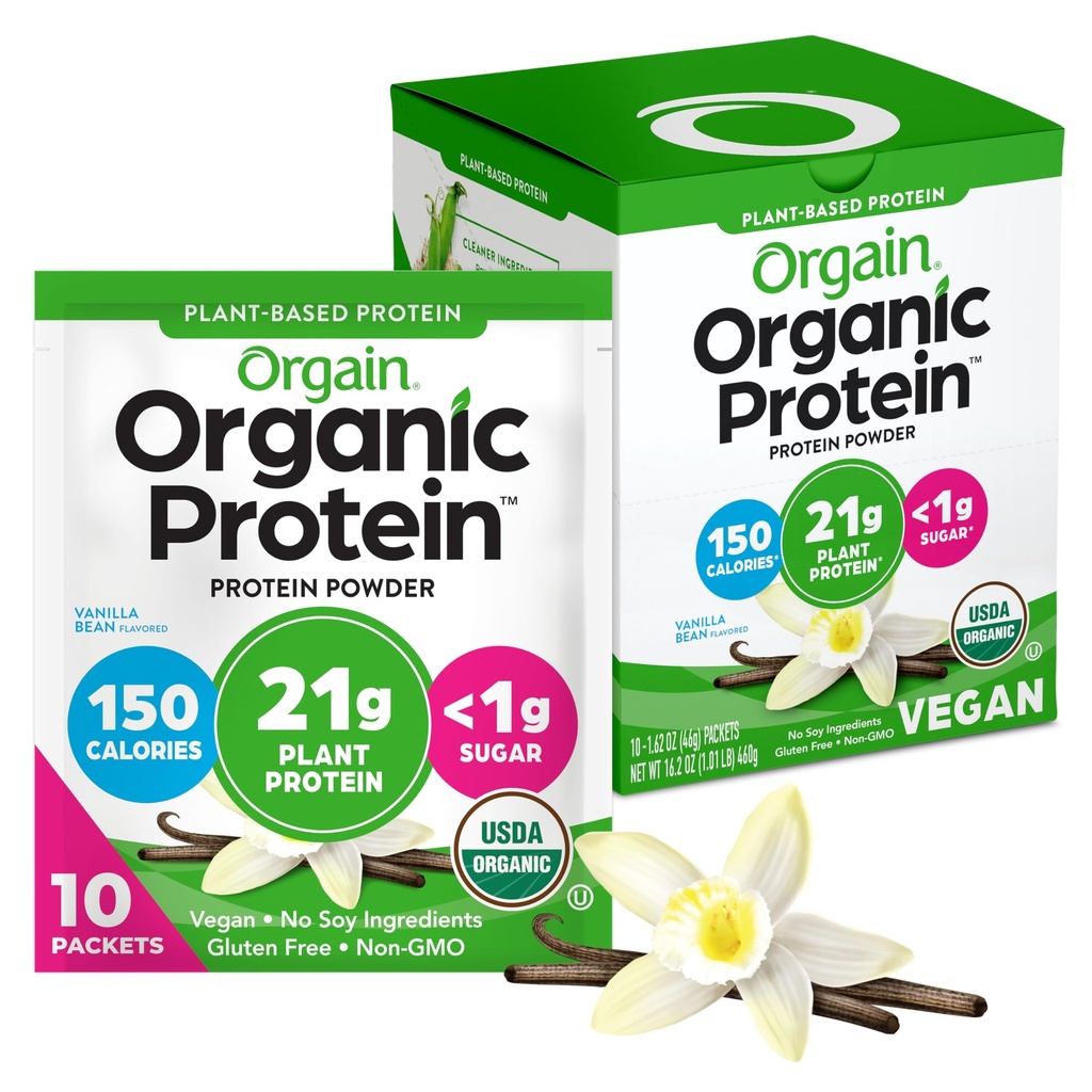 Orgain 유기 채식 단백질 분말, 바닐라 콩 - 21g 식물 단백질, 5g Prebiotic 섬유, 낮은 Carb, Lactose 성분 없음, 추가 설탕 없음, 비 GMO, Shakes & Smoothies, 10 여행 팩