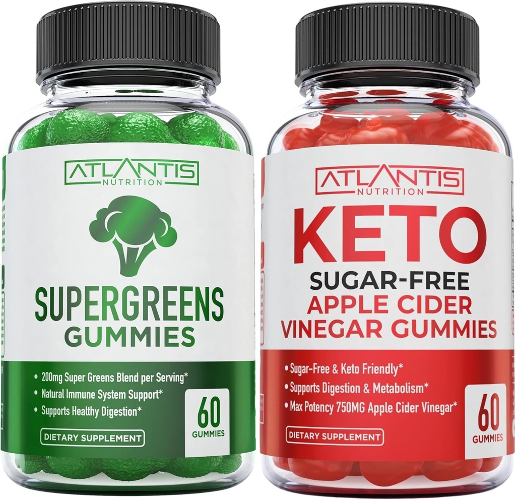 아틀란티스 영양 Supergreens 60 Gummies + Sugar Free Keto Apple Cider Vinegar 60 Gummies