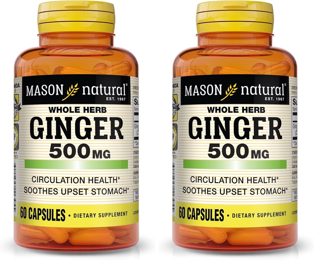 MASON NATURAL 전체 허브 생강 500 mg, 천연 초본 보충, 60 캡슐 (포장 2)