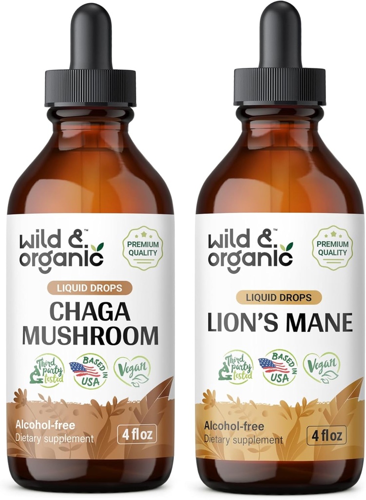 야생 & 유기 Chaga 버섯 Tincture 4 fl oz & 사자 Mane 버섯 Tincture 4 fl oz