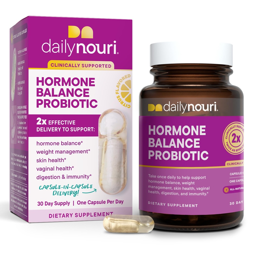 여성을 위한 매일 Nouri 호르몬 균형 프로바이오틱 | 건강한 에스트로겐, PMS, PCOS, Perimenopause, 질 PH, 효모, Gut 건강, 피부 및 면역성이 지원 | 7 Strains + Vegan Omega Oil | 30일 공급