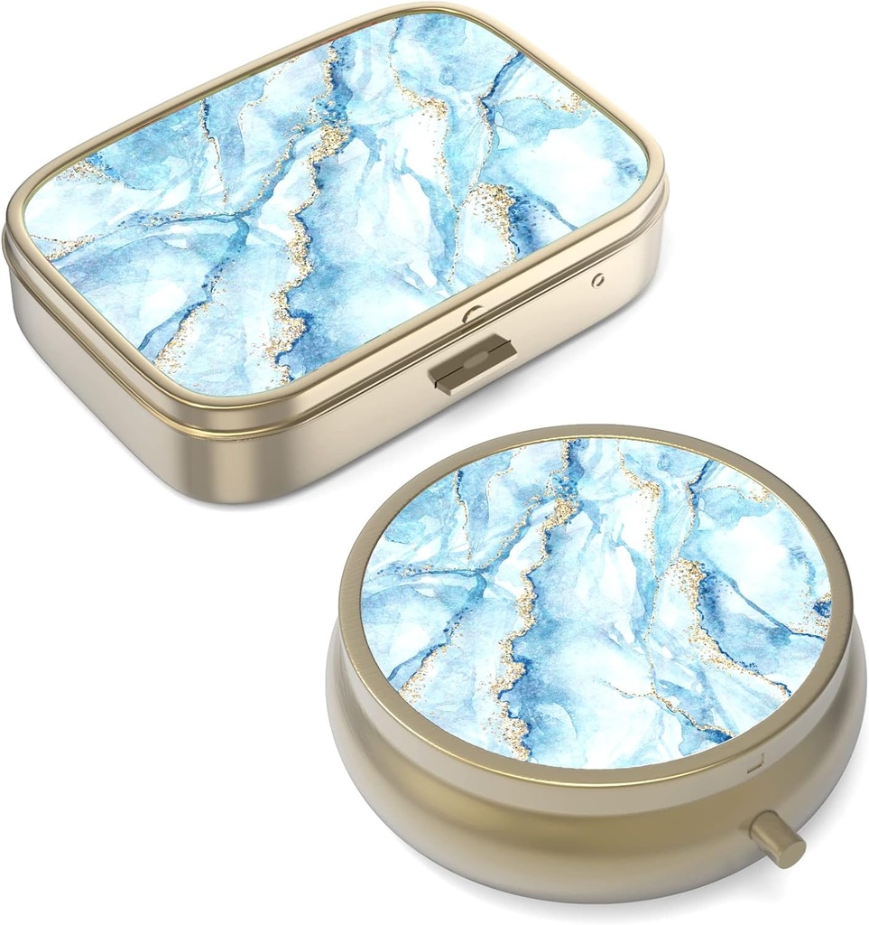 Pill Case Pill Box with Mirror Retro Small Pill Case for Purse or Pocket Bronze Pill Box 또는 Vitamins, Fish Oil, Supplements, Pill Containe 여행 선물(2PCS)