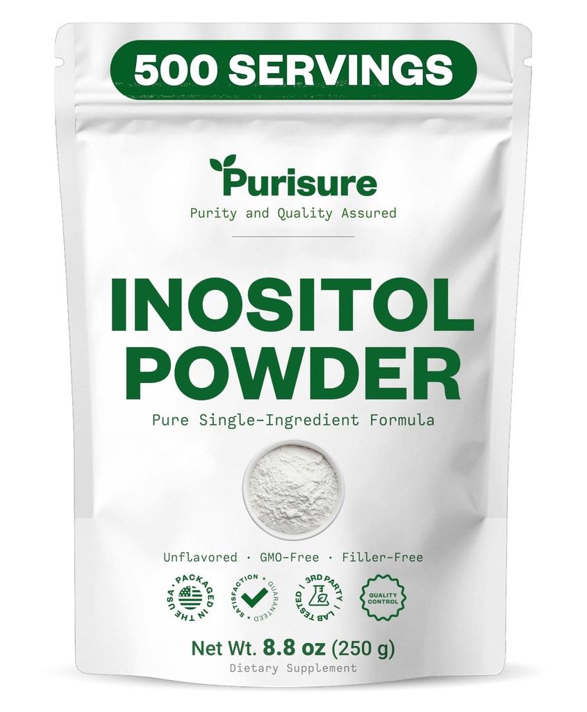 Purisure Myo-Inositol 분말, 250g, Fertility, Hormonal Balance 및 Ovarian 지원, 순수한 Inositol 분말, Myo Inositol 보충 에너지 및 두뇌 웰빙, Vegan, Non-GMO, 500 서빙