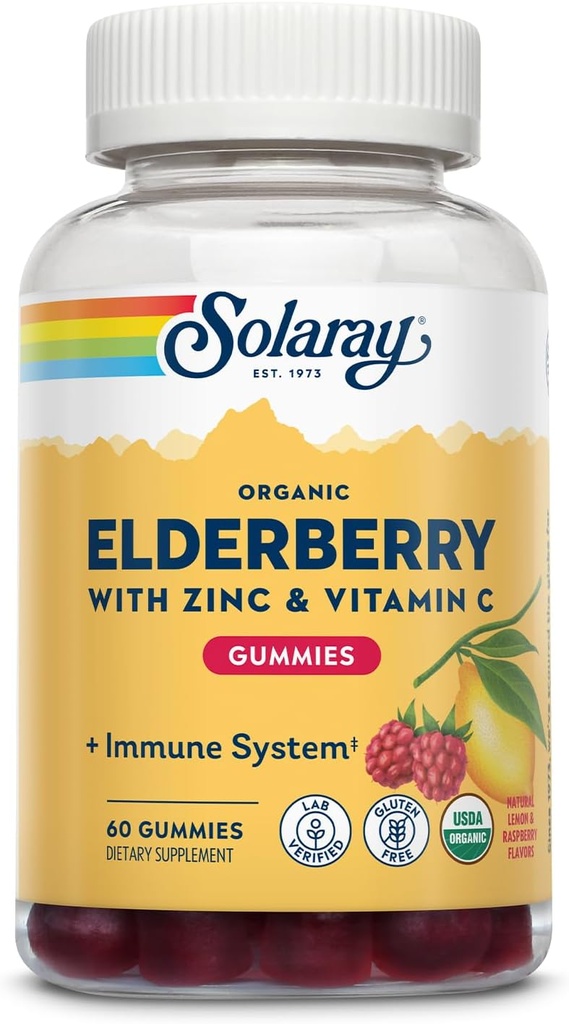 SOLARAY 유기 Elderberry Gummies w/Zinc & Vitamin C | 건강한 면역 체계 지원 | 글루텐 무료 | 30 Serv, 60 Ct