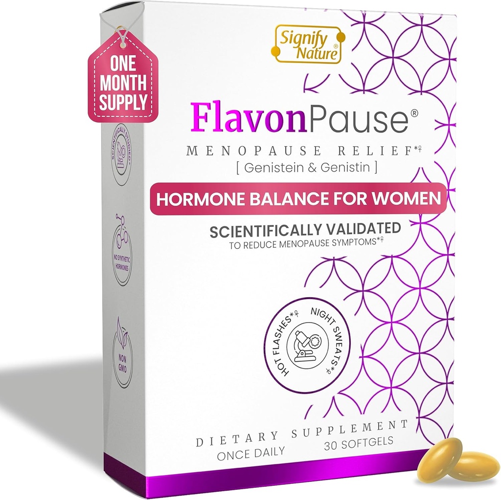 FlavonPause Hot Flashes Menopause Relief – CLINICALLY Tested –| 천연 핫 플래시 릴리프, 나이트 스웨터 릴리프, 스킨 에이징 | 멀티 멘토링 증상 완화 | 30 Softgels