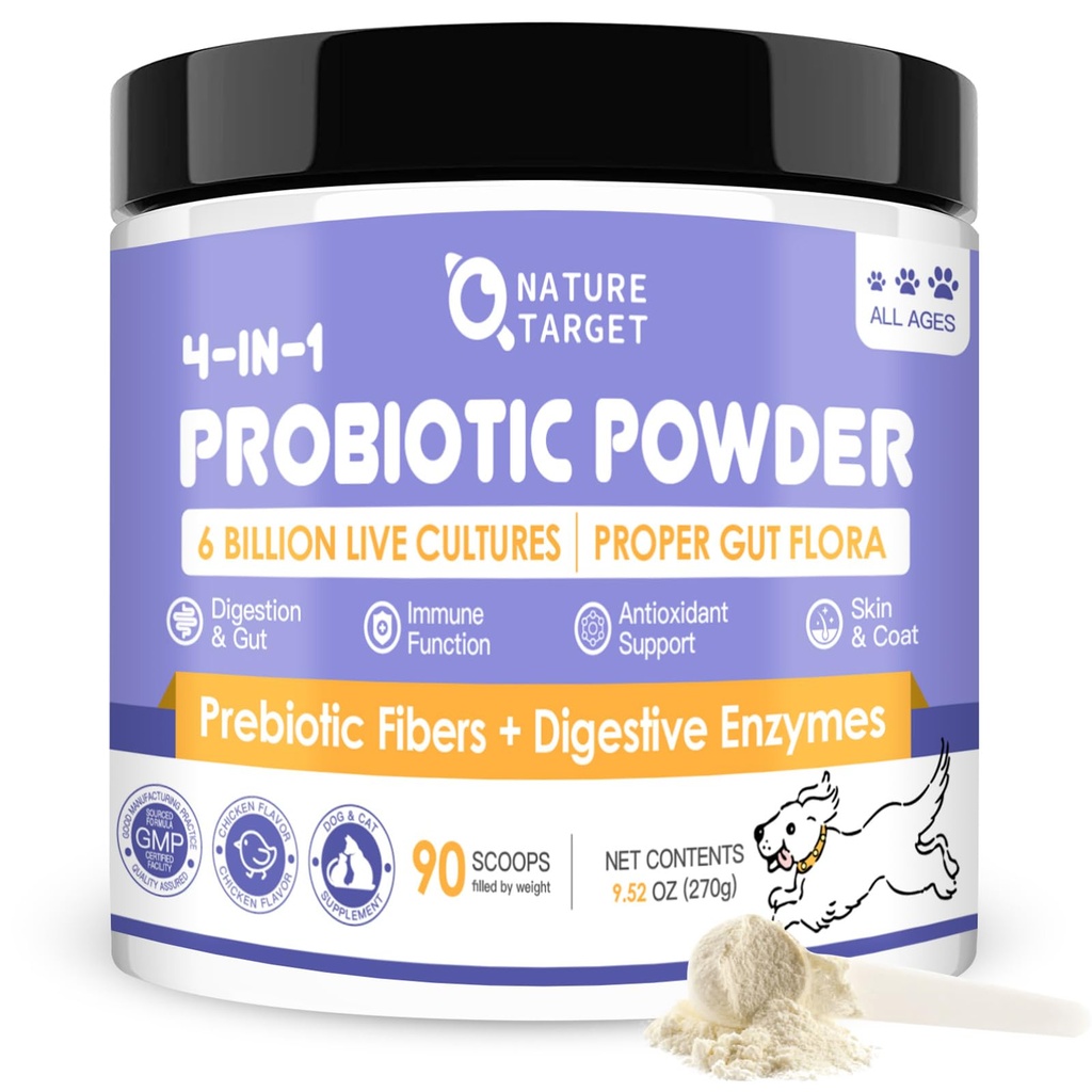 개를위한 NATURE TARGET Probiotics - Dog Probiotics, Plus Prebiotic, Digestive Enzymes, Fiber, Support Gut, Immune Health, 6 Billion CFU Dog Probiotic Powder, Relieve Diarrhea, Loose Stool, 90 Scoops
