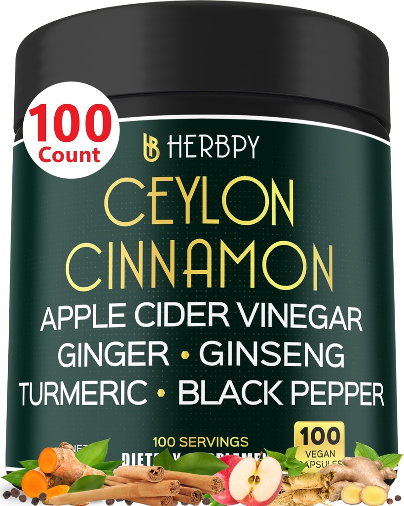 6in1 프리미엄 Ceylon Cinnamon Supplement Plus Apple Cider Vinegar, Turmeric, Ginger, Ginseng - 체중 관리, 소화 - 100 Vegan 캡슐