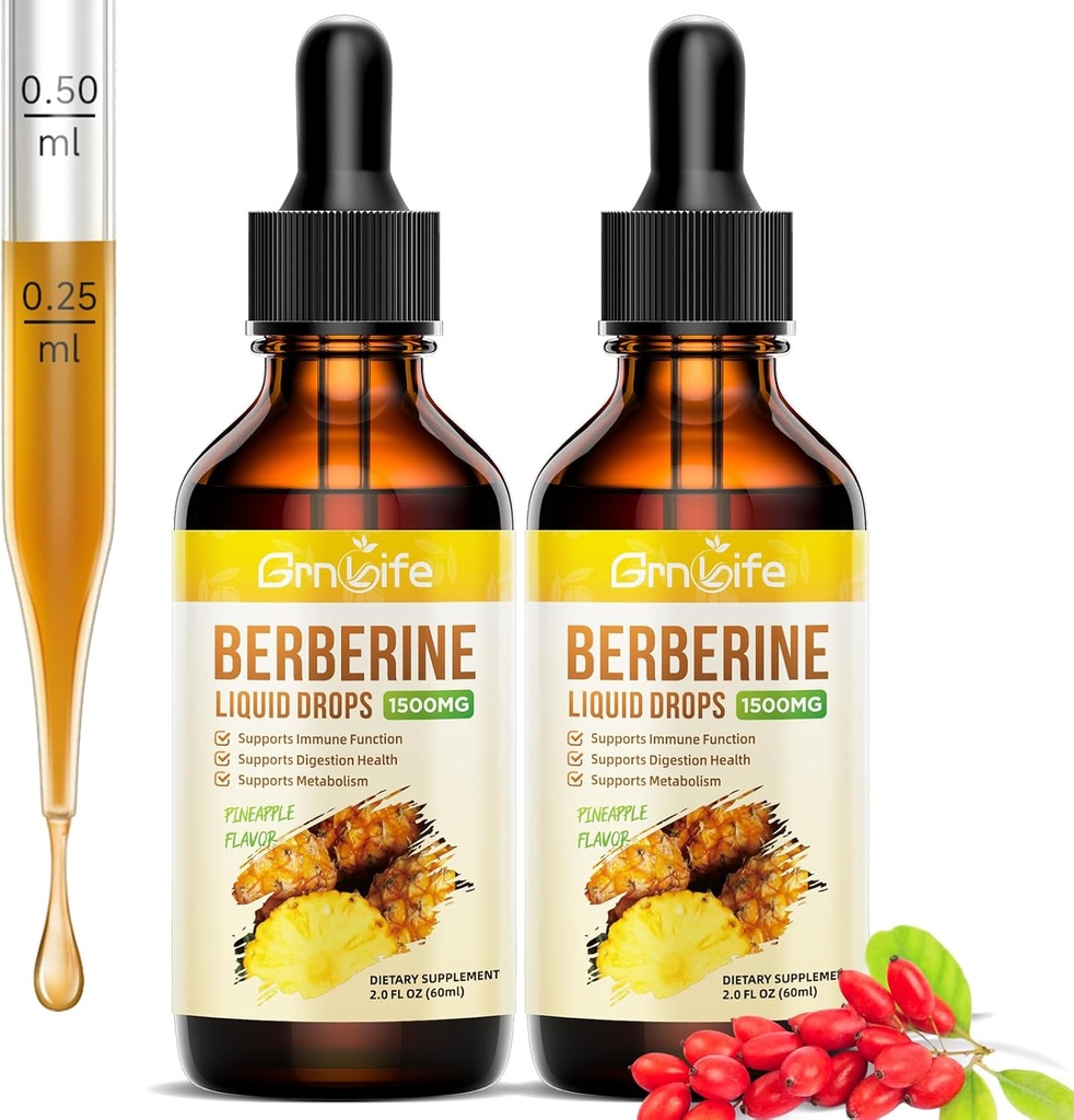 (2 팩) Berberine 보충교재, 1500mg Ceylon Cinnamon, Bitter Melon를 가진 유기 Berberine 액체 하락 - Immune와 Metabolism, Vegan, 파인애플 풍미 2 FL Oz를 지원합니다