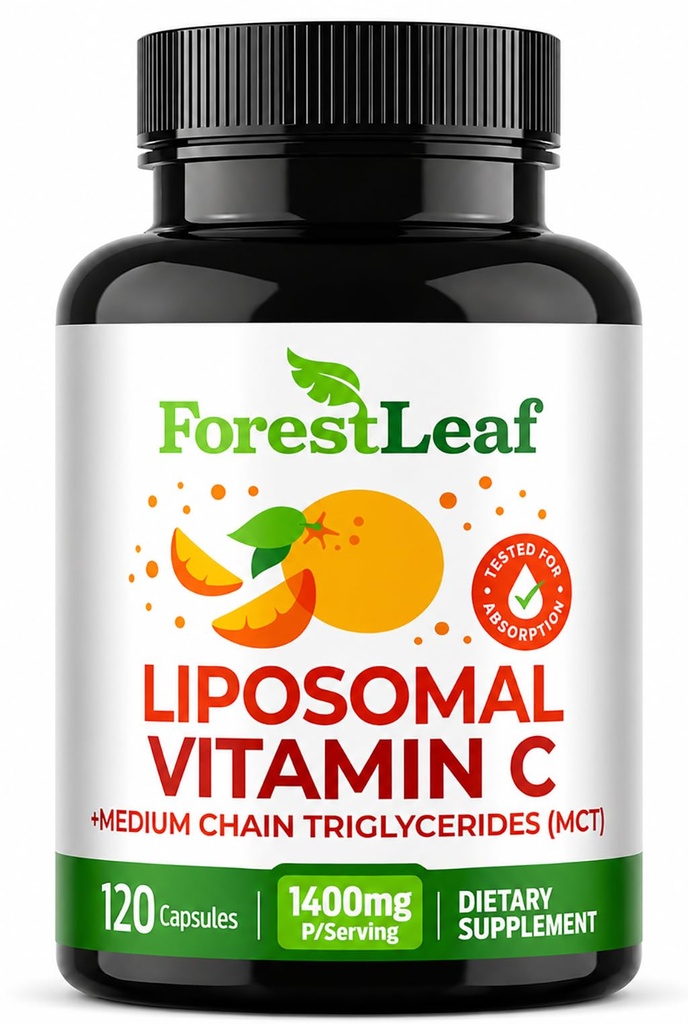 ForestLeaf Liposomal 비타민 C 1000mg 캡슐 | 고 복용량 비타민 C Liposomal 보충교재 w 코코넛 오일 지방산 | 빠른 흡수 | 면역 지원, 산화 방지제, 교원질 생산 | 120 Vegan Cap