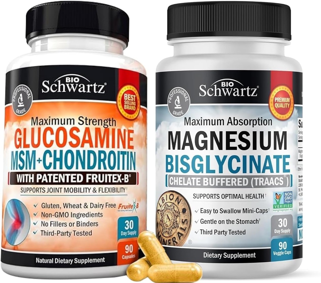 높은 흡수 마그네슘 Bisglycinate 캡슐 (1 달 공급) 플러스 글루코사민 Chondroitin MSM 트리플 강도 합동 지원 보충교재 (1 달 공급)