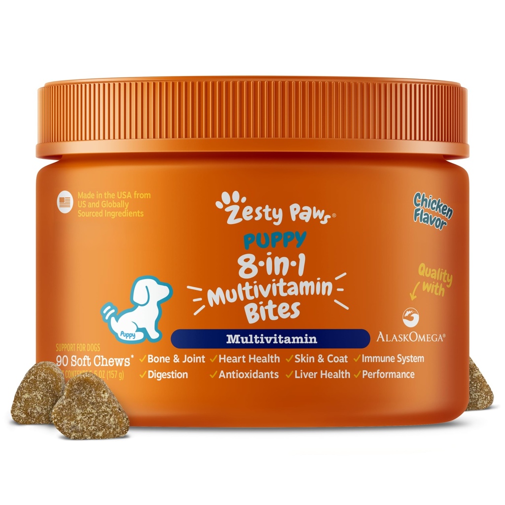 Zesty Paws Dog Multivitamin, Chewable Dog Vitamins and Supplements for Hip & Joints, Skin & Coat, Dogs- Puppy Multivitamin 용 오메가 3 물고기 오일 - 치킨 강아지 비트 - 90ct