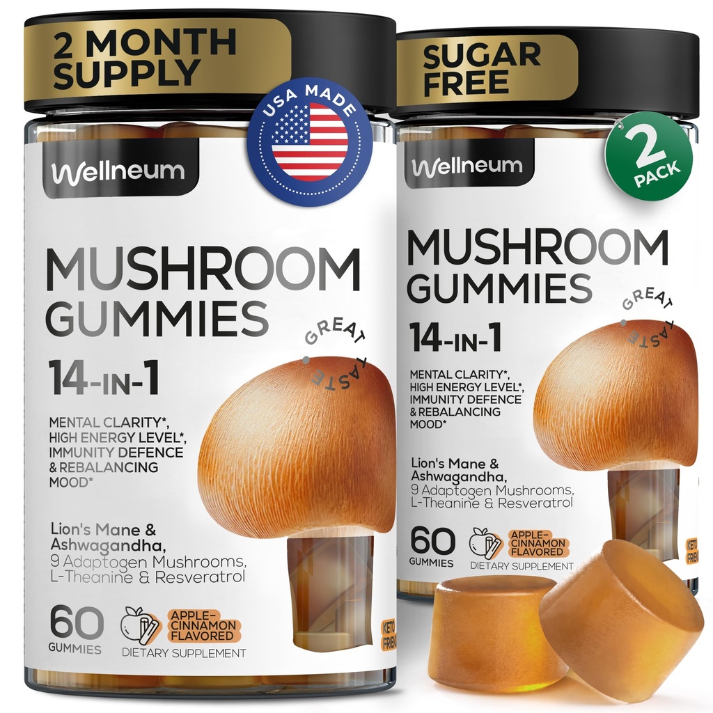 버섯 Gummies 5000 Mg 120 PC (2 팩) - 사자 Mane와 9 Adaptogenic 버섯 혼합 - Ashwagandha, L-Theanine - 에너지, Immunity, 초점, 두뇌 부스트를위한 버섯 Gummies - 설탕과 GMO 없음