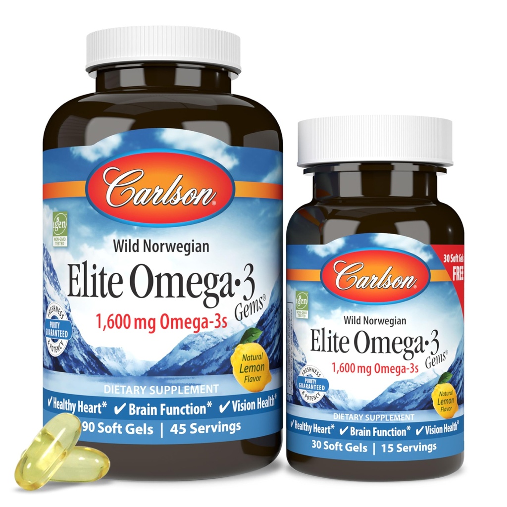 Carlson Labs 엘리트 Omega-3, 1600 mg의 주옥 물고기 기름 연약한 젤, 자연적인 레몬 풍미, 2 팩 (각 120 조사)
