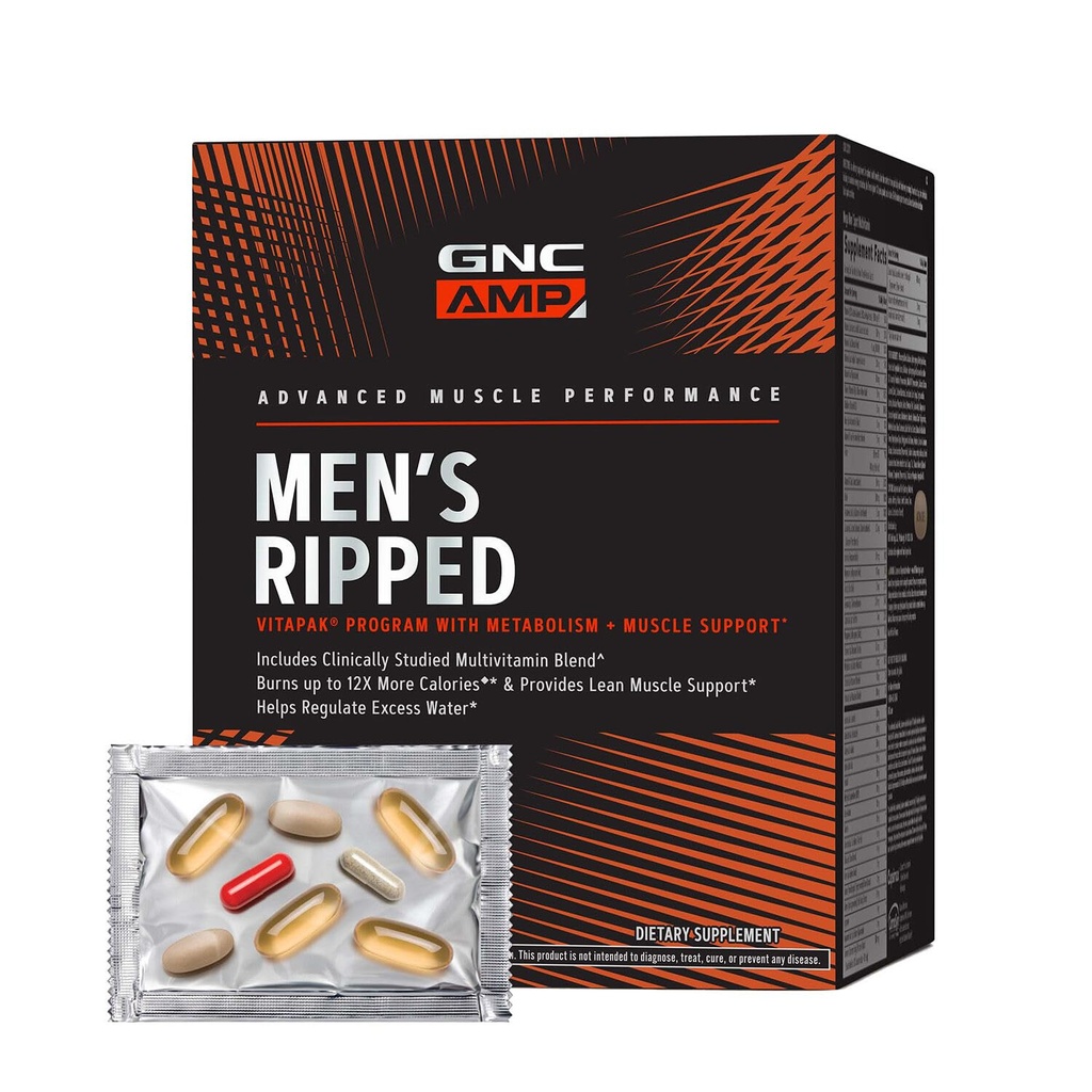 GNC AMP 남자는 1개의 제품 비타민 팩, Metabolism & Lean 근육 톤, 불타는 칼로리, 물 셰딩, 성숙한 Multivitamin, Caffeine, 종류, 입증된 성분, 30 일 공급에서 비타파크 프로그램, 4를 찢었습니다