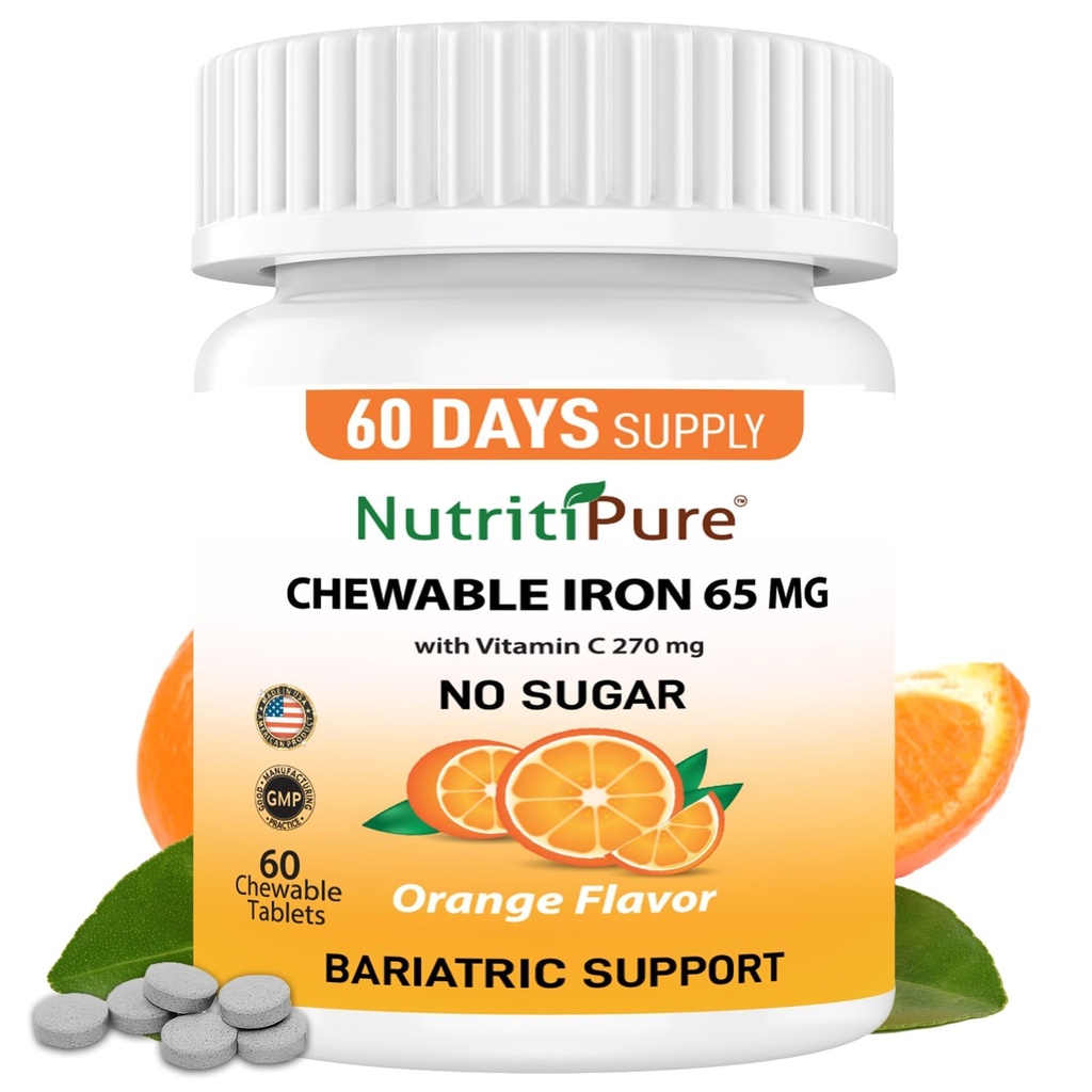 비타민 C 270mg (여성/남자를 위해)를 가진 Chewable 철 65 mg |60 일 공급 | 설탕 얼룩이 지는 오렌지 풍미 보충교재 60 조사 없음