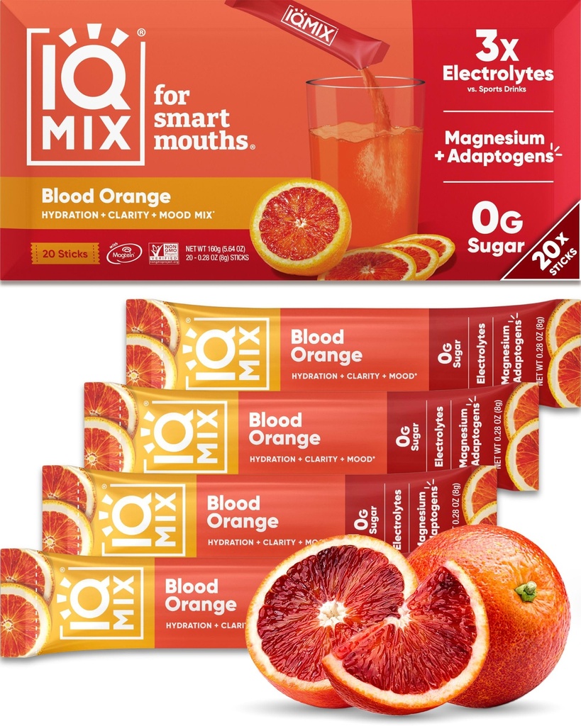 IQMIX Hydration Electrolyte Powder – 4in-1 Formula for Hydration, Mental Clarity, Mood 및 Recovery – Sugar-Free 음료 혼합, Keto, Magnesium L-Threonate, Lion’s Mane – 20 카운트 블러드 오렌지