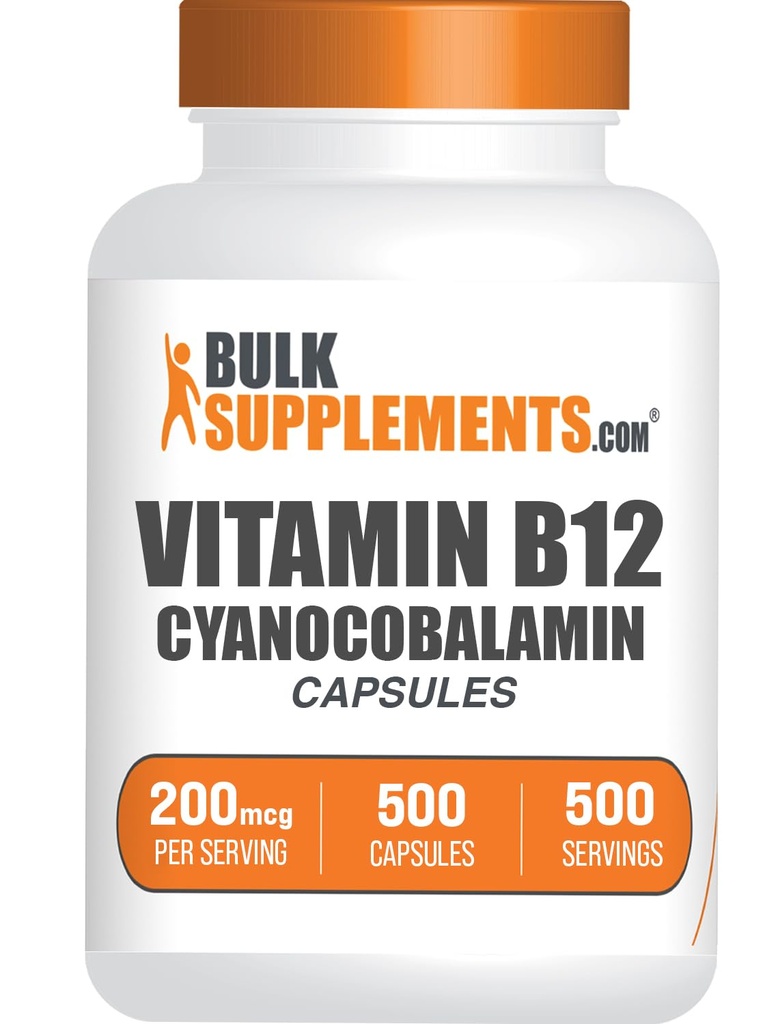 BulkSupplements.com 비타민 B12 캡슐 - Cyanocobalamin, 비타민 B 보충, 비타민 B12 200 mcg - 에너지 비타민, 글루텐 무료, 서빙 당 1 캡슐, 500 캡슐 (1 팩)