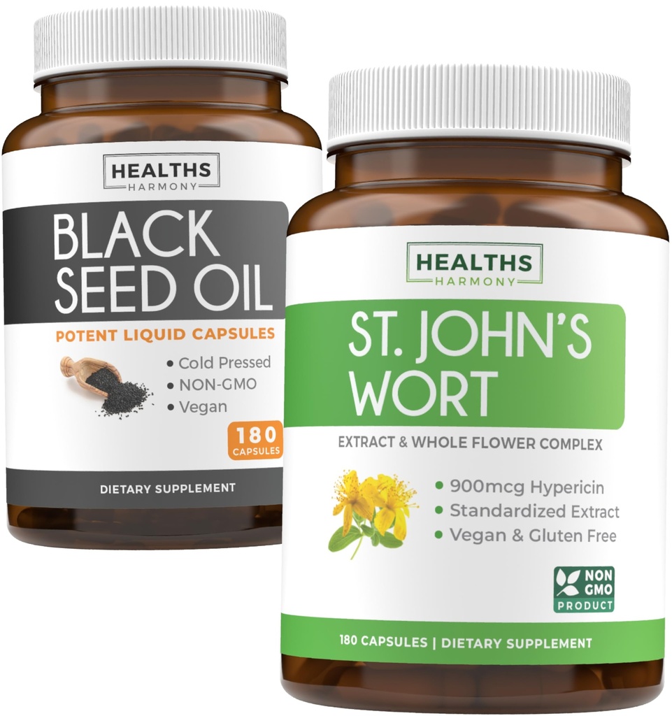 Black Seed Oil & St. John 's Wort (3 개월 공급) Black Seed Oil (180 캡슐) Cold-Pressed Nigella Sativa & St. John 's Wort (180 캡슐) 강력한 900mcg Hypericin