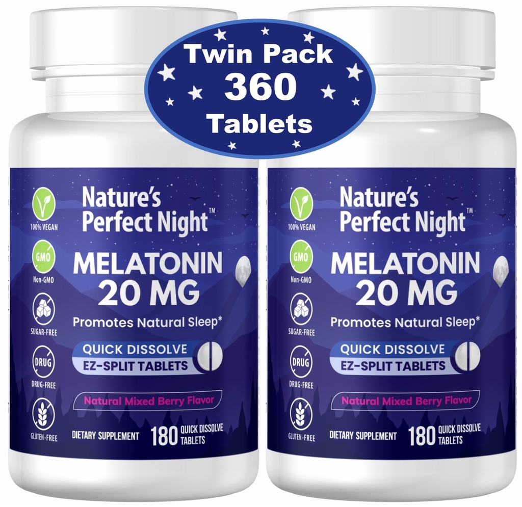 자연의 완벽한 밤 | 멜라토닌 20mg | 180 Quick Dissolve Tablets, 2-Pack | 천연 혼합 베리 맛 | 고 효능 | 설탕 무료 | Vegan | 글루텐 무료 | 2 개