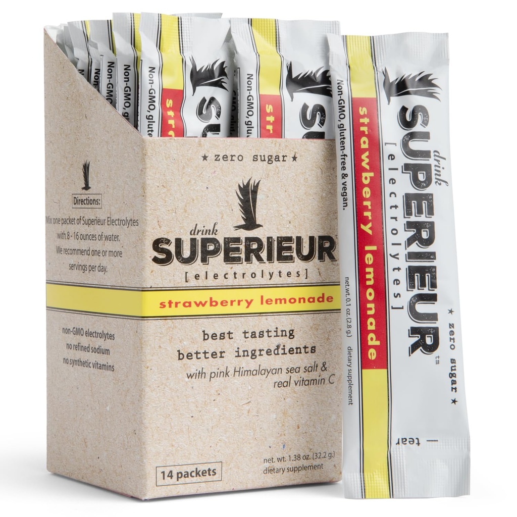 Superieur Electrolyte Powder Packets- Vegan Electrolyte Hydration Powder w/Sea Minerals- Keto Friendly, Non-GMO, Zero Sugar Electrolyte Supplement-Healthy Sports Drink-Strawberry Lemonade (14 패킷)