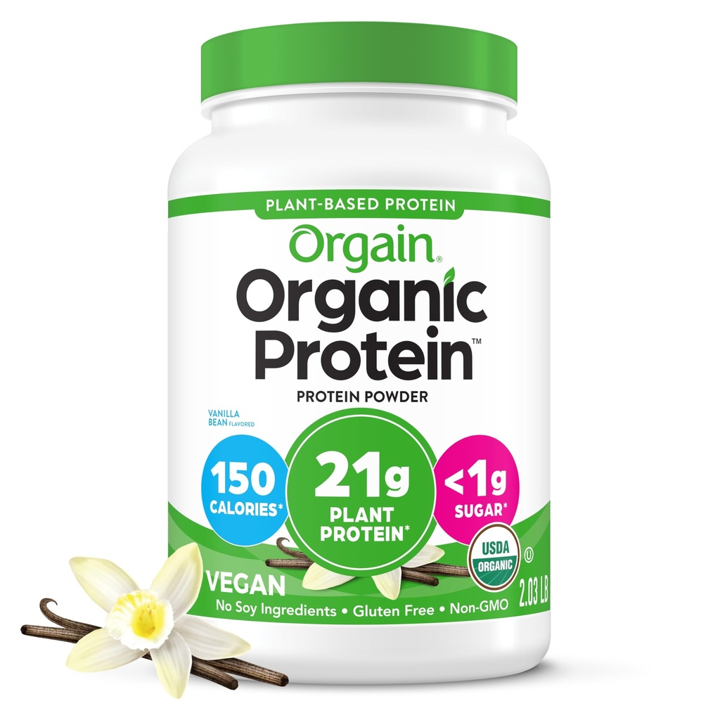 Orgain 유기 채식 단백질 분말, 바닐라 콩 - 21g 식물 단백질, 6g Prebiotic 섬유, Lactose 성분 없음, 추가 설탕 없음, 비 GMO, 쉐이크 및 스무디를 위해, 2.03 lb (포장 월병)