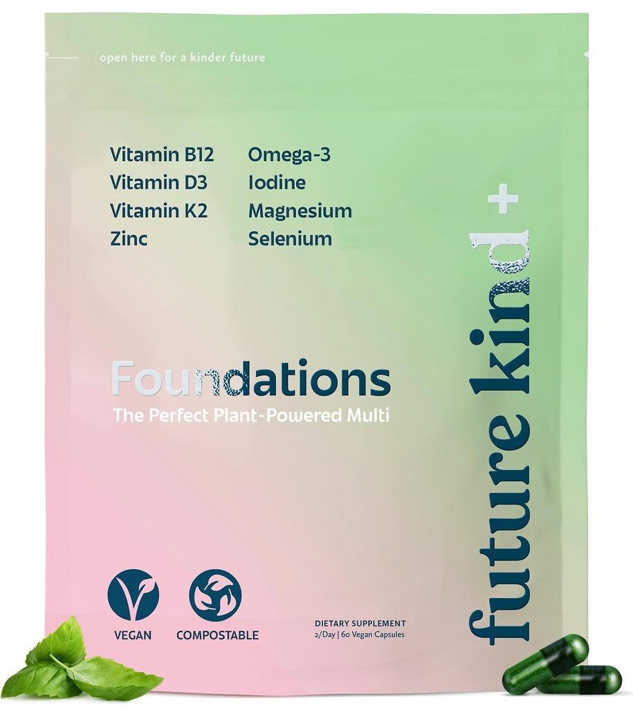 Future Kind Carrageenan-Free Foundation은 오메가 3, B12, D3, 아연, 이오딘, 마그네슘, K2 및 셀레늄, 비건, 부유 한 가방 (60ct)을 가진 여성 및 남성을위한 멀티 비타민입니다.
