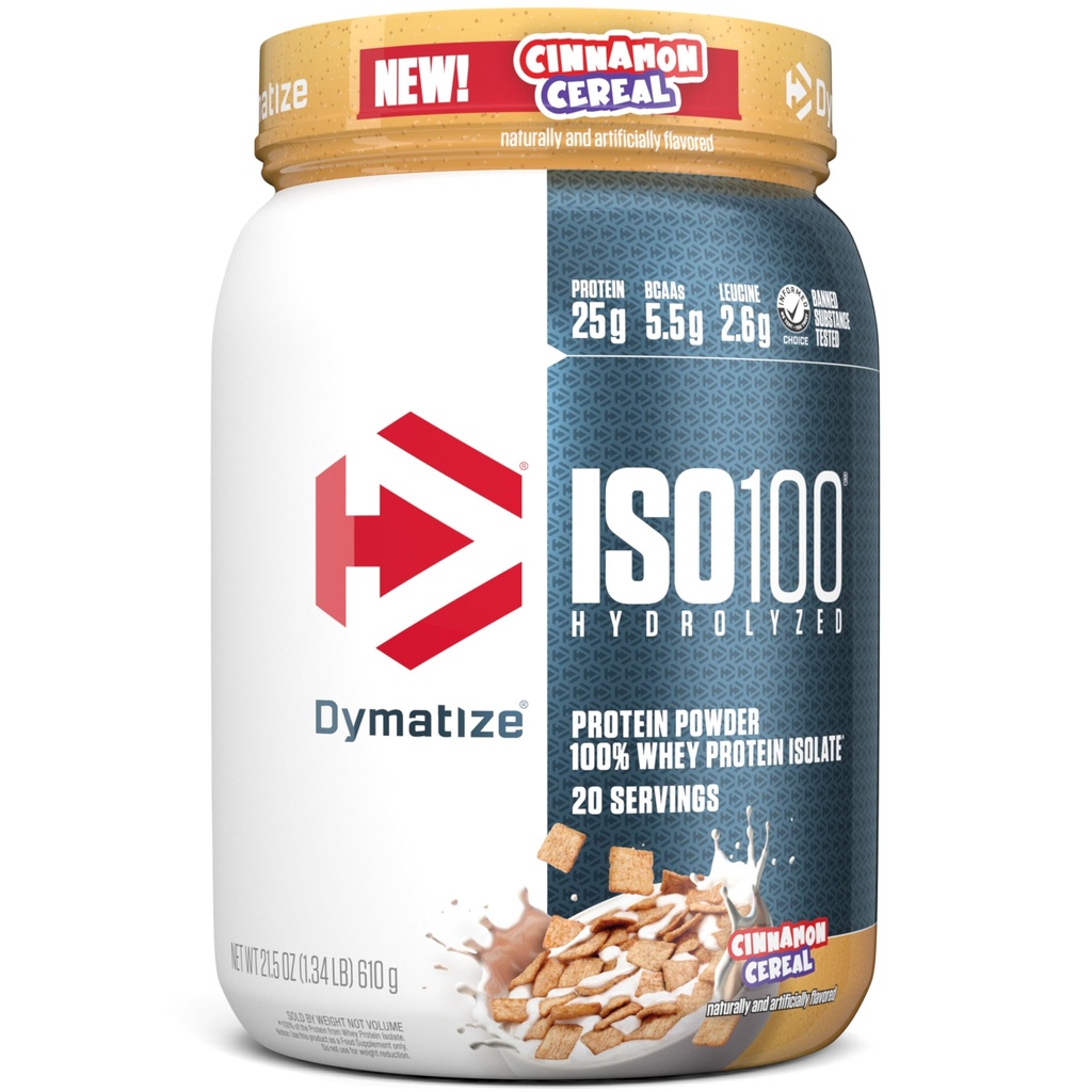 Dymatize ISO100 Whey Protein Powder Isolate, Cinnamon Cereal, 단백질 25g, 5.5g BCAAs, 120 Cal 미만., 글루텐 무료, 1g 지방, 1g 설탕, 2g Carb (20 서빙)