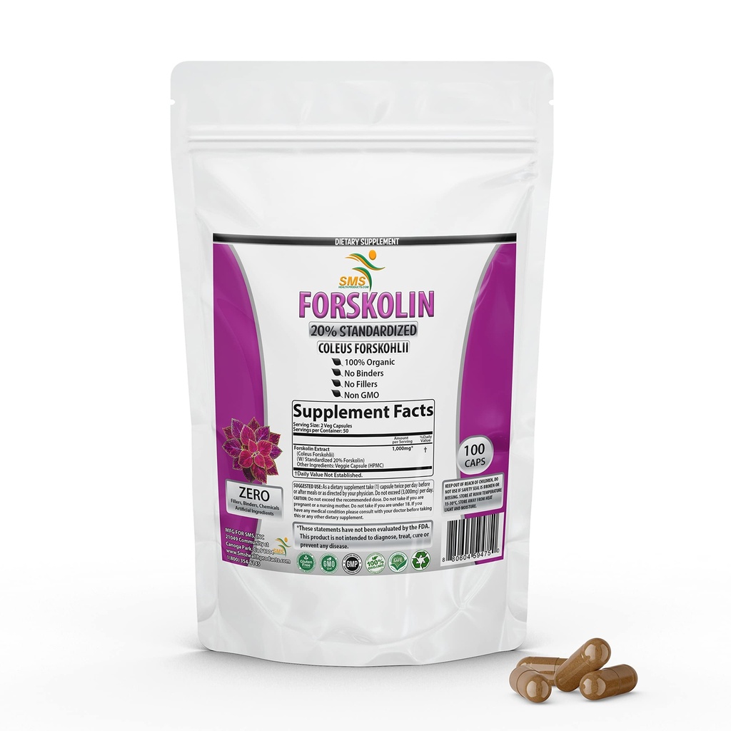 순수한 Forskolin 추출물은 Potent Coleus Forskohlii 20% 강화 에너지를위한 표준화 된 1,000 mg - 여성과 남성을위한 식물 기반 에너지 보충제 - 100 Veggie 캡슐