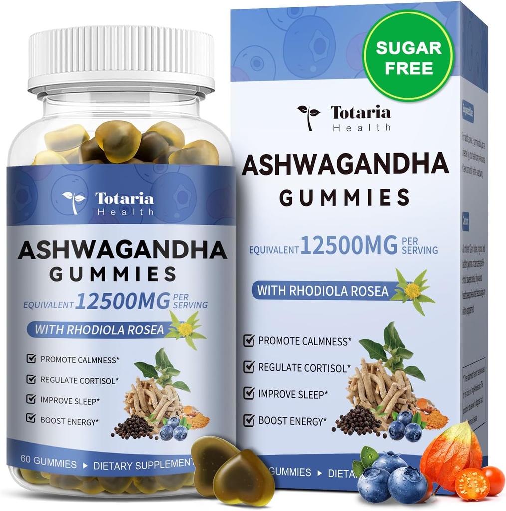 Totaria Sugar Free Ashwagandha Filled Gummies 2500mg w/Vitamin D3, Magnesium Glycinate, Rhodiola, 여성을위한 매우 강도 Ashwa Root Supplements & Wen, Relaxation, Energy, Blueberry 풍미