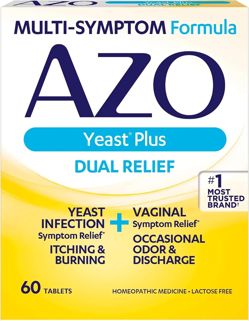 AZO 효모 플러스 이중 안전 정제, 효모 감염 및 질 증상 완화, 질 가려움증 및 화상, 60 조사