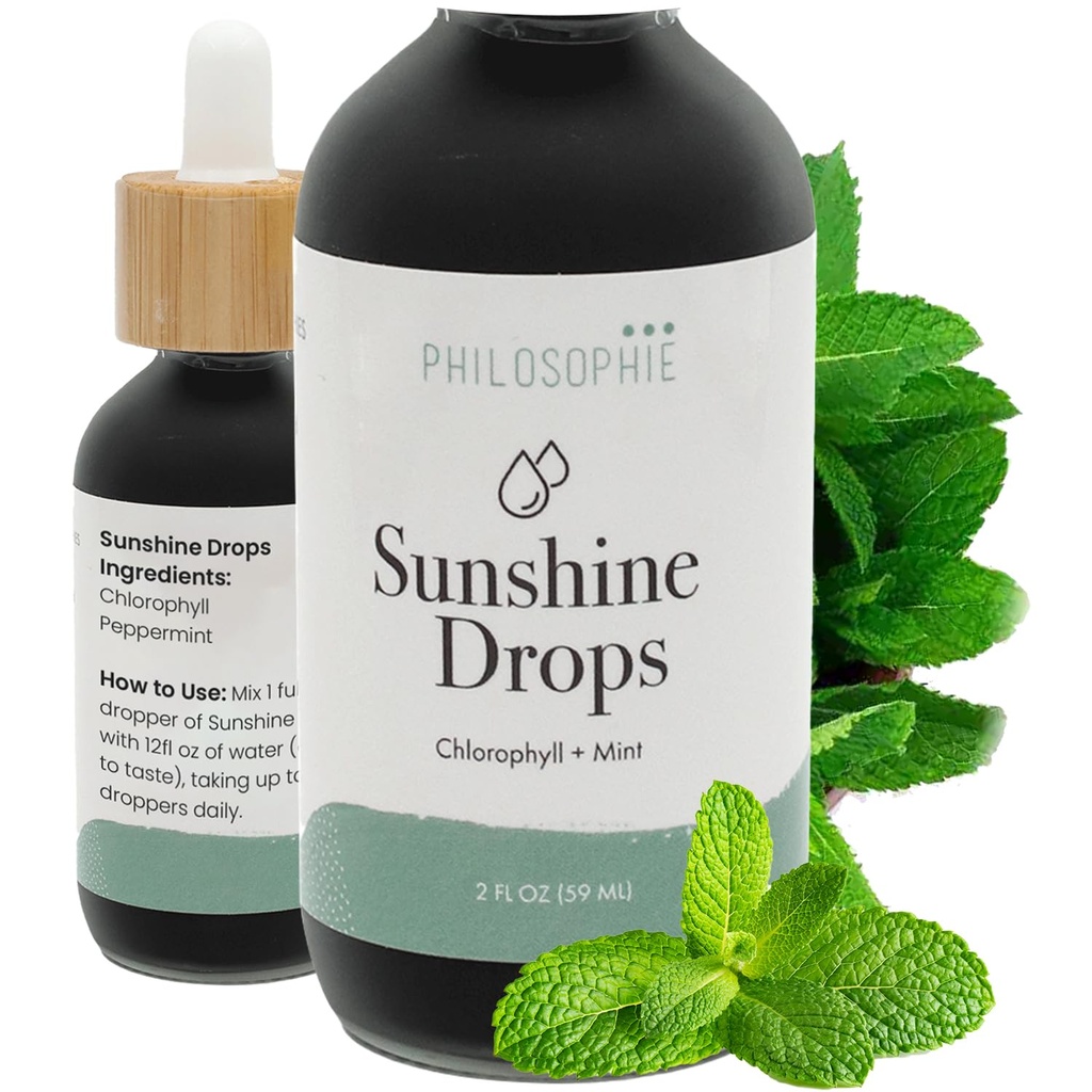 물에 대한 Philosophie 액체 클로로필 선샤인 드롭 | Detox, Internal Deodorant & Energy Boost를 위한 민트 유기 클로로필 드롭 | 자연 채식, 비 GMO, 2oz