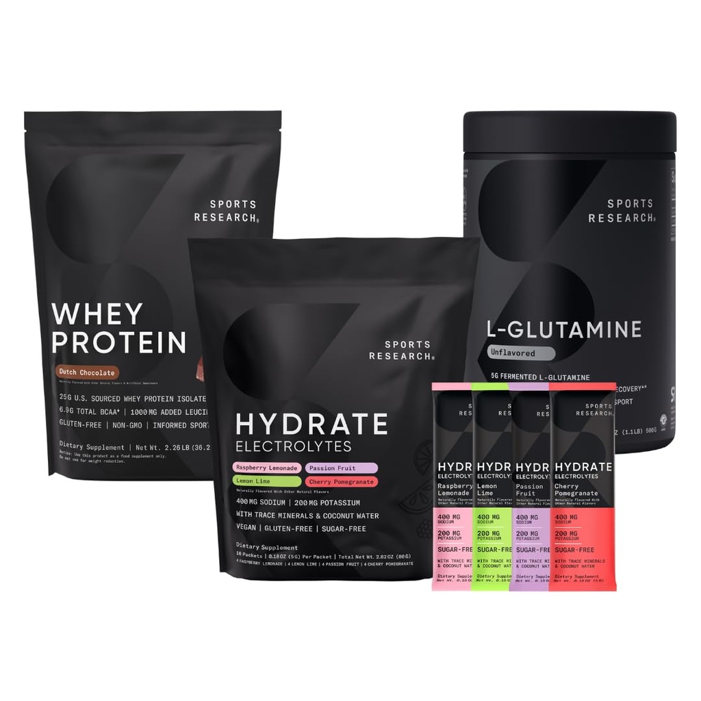 스포츠 연구 다 맛 Hydrate 전해질 패킷, 네덜란드 초콜릿 맛 Whey Protein Isolate 분말 및 Unflavored L-Glutamine