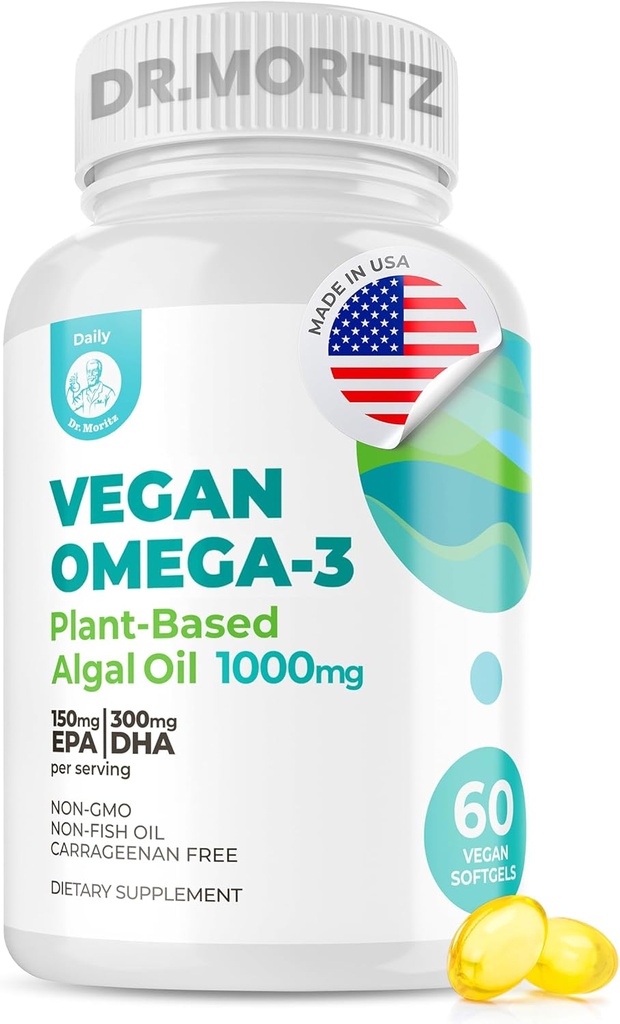 DR. MORITZ Vegan Omega-3 Softgels for Adults and Kids, DHA EPA, 소형 조류 오메가 3 보충제, 채식주의자, 60 개