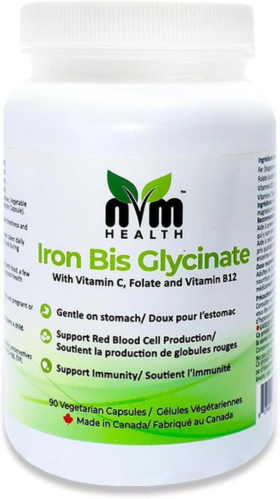Gentle Iron Supplement for Adults I Iron bisglycinate with Vitamin C, B12, Folic Acid I Supports Red Blood Cell Formation & boosts Immunity - 90 Vegeterian 캡슐, 글루텐 무료